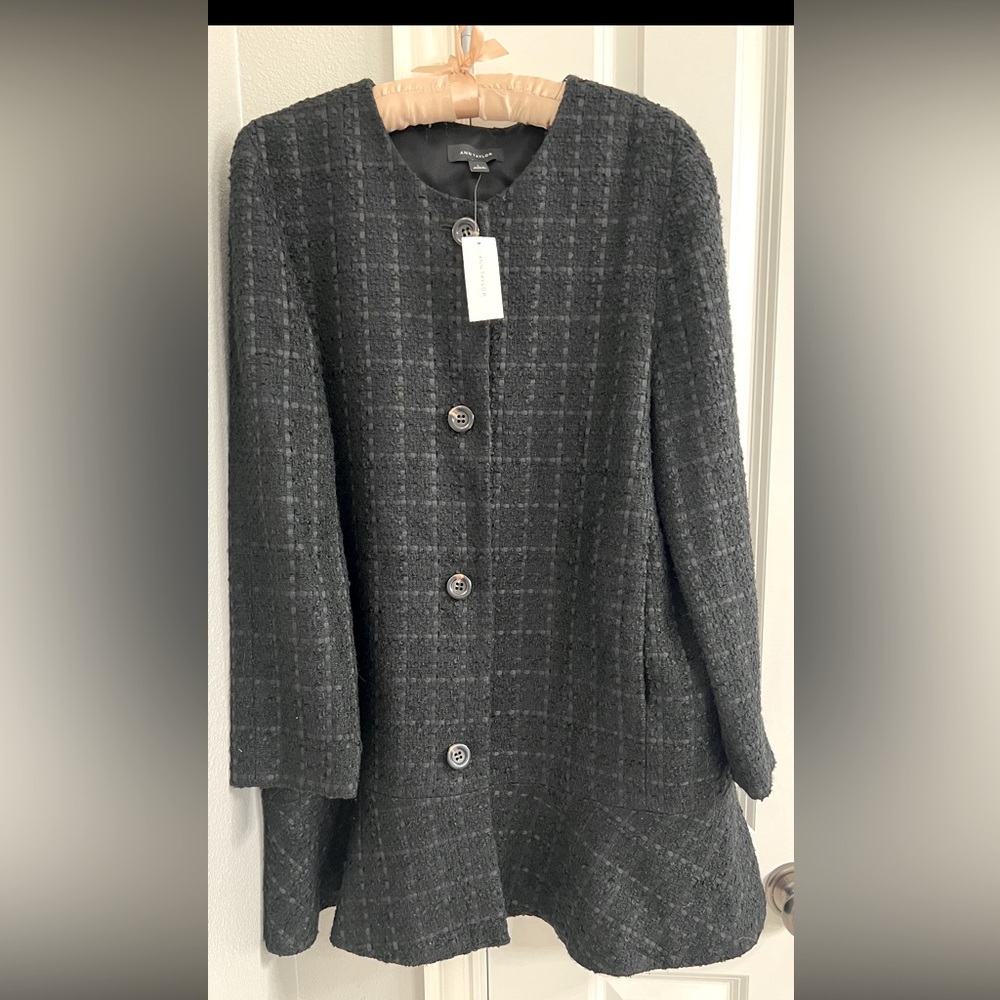 NWT Ann Taylor peplum plaid black coat
